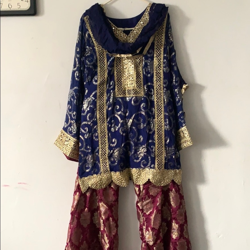 Pakistani Blue Suit w/Purple Bell Bottom Pants